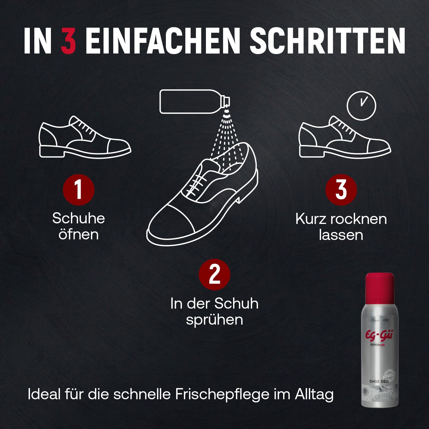 Aplicación de EG-GÜ Shoe Deo 125 ml para mantener el calzado fresco