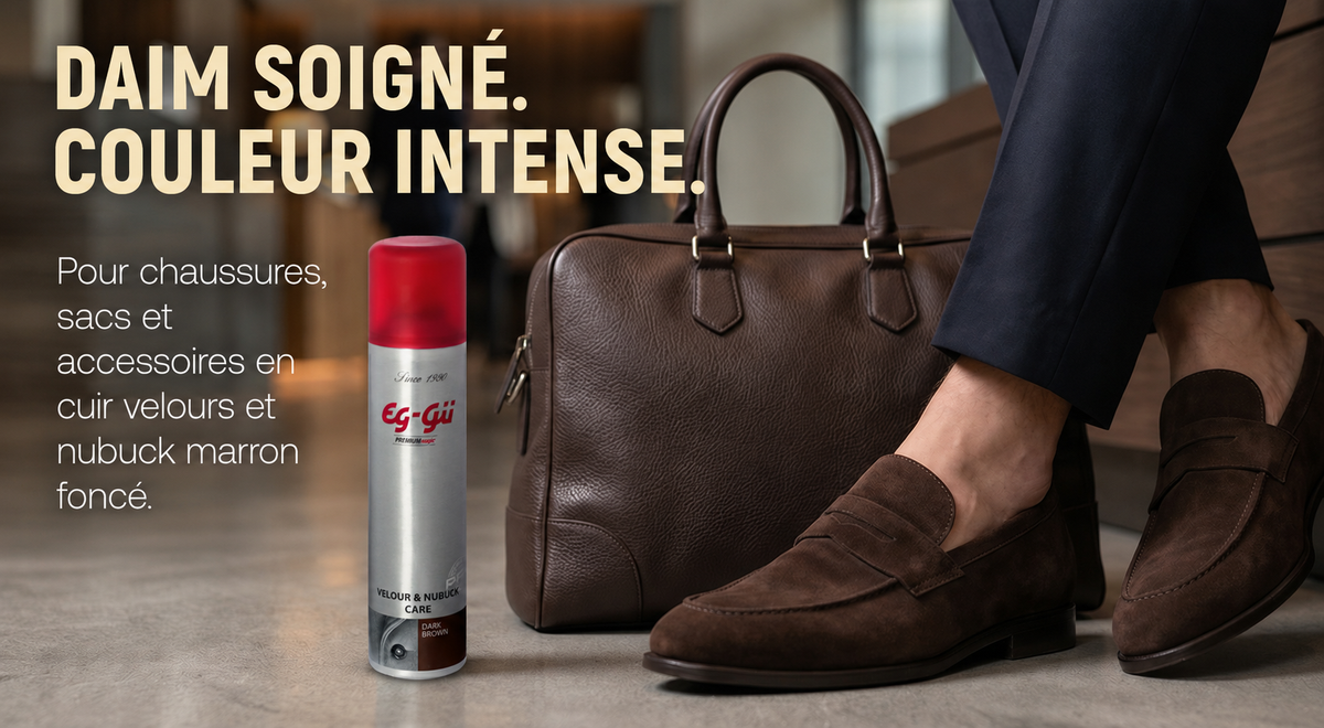EG-GÜ Velour & Nubuk Pflegespray Dunkelbraun 250 ml – résultat de soin pour nubuck et daim brun foncé